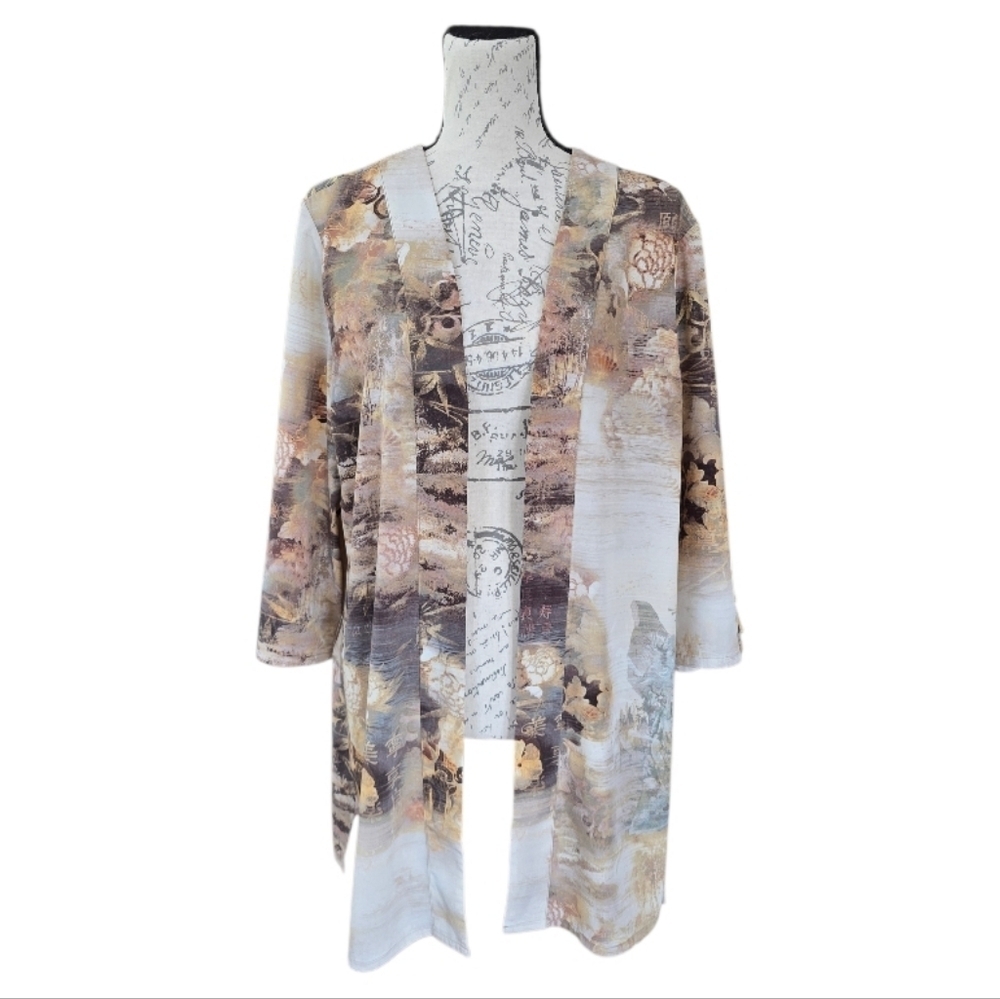 Chico's Gold Brown Asian Landscape Print 3/4 Sleeve Open Front Kimono Jacket L